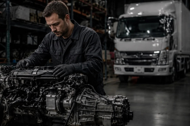 Механик работает с двигателем на складе